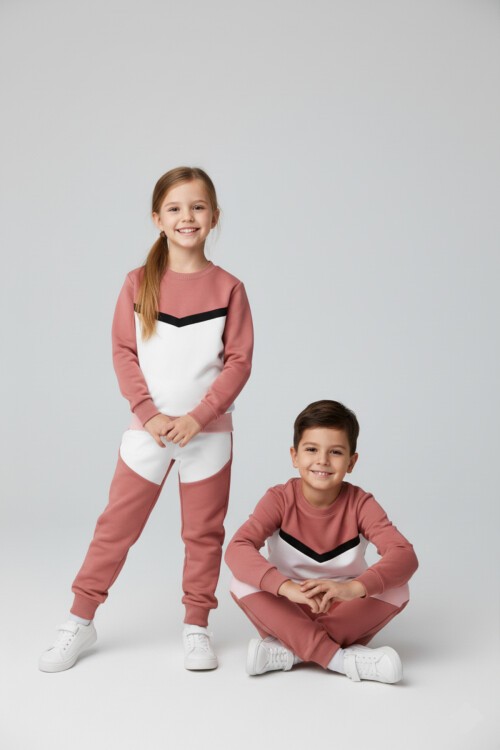 Çocuk Renkli Şeritli Cepli Sweatshirt ve Alt Eşofman Takım 10-16 Yaş 12208