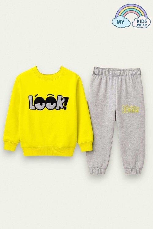 Erkek Çocuk Sweatshirt ve Eşofman Altı Takımı – Sarı Look Desenli 1-5 Yaş 12013