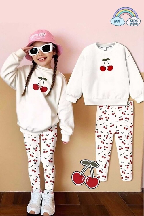 Kız Çocuk Kiraz Desenli 2li Takım - Sweatshirt ve Tayt Seti 12057
