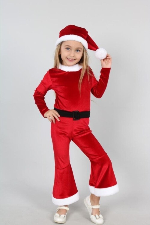 Işıltılı Boneli Ponponlu Kemerli Kadife Kız Çocuk Noel Elbisesi