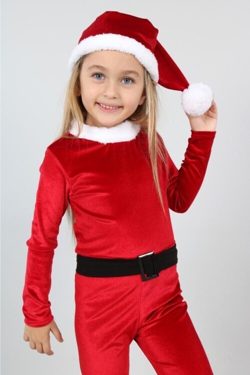 Işıltılı Boneli Ponponlu Kemerli Kadife Kız Çocuk Noel Elbisesi