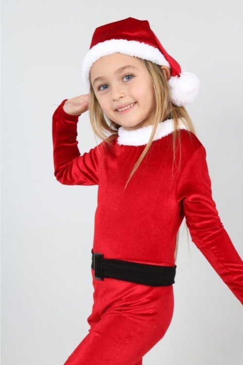 Işıltılı Boneli Ponponlu Kemerli Kadife Kız Çocuk Noel Elbisesi