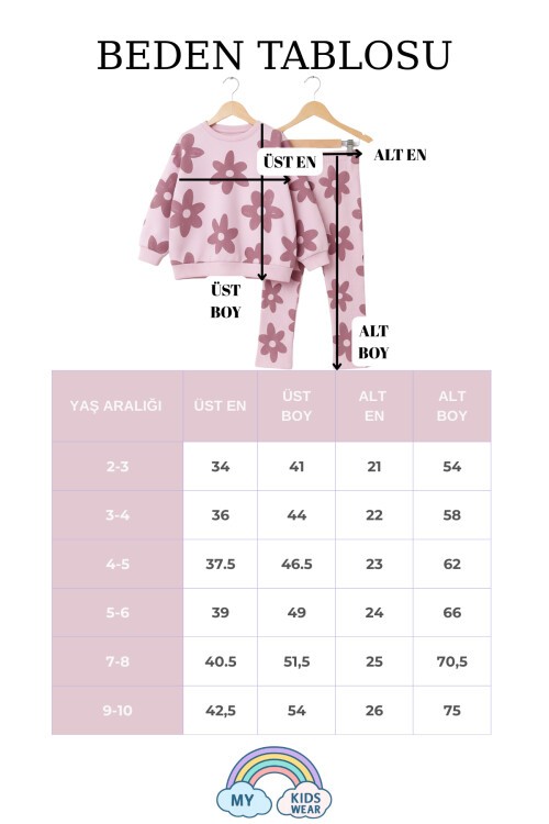 Kız Çocuk Çiçek Desenli 2’li Sweat & Fitilli Tayt Takım 2-10 Yaş 12361