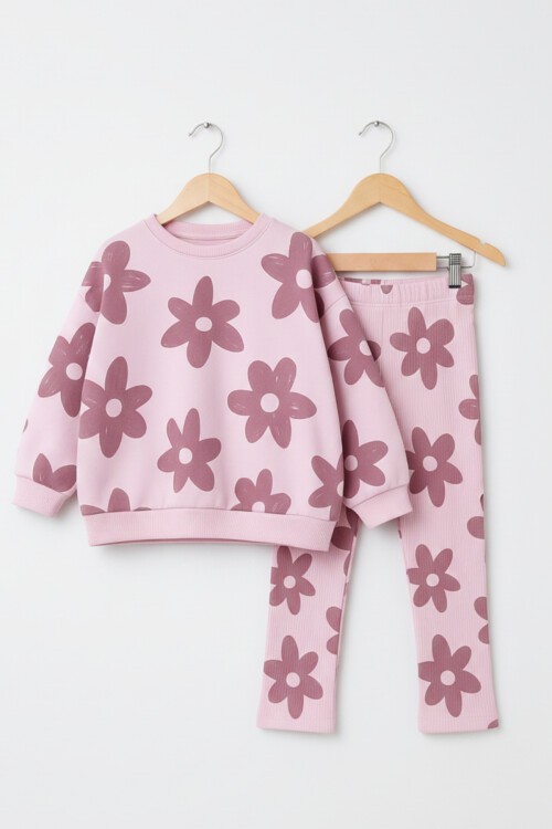 Kız Çocuk Çiçek Desenli 2’li Sweat & Fitilli Tayt Takım 2-10 Yaş 12361