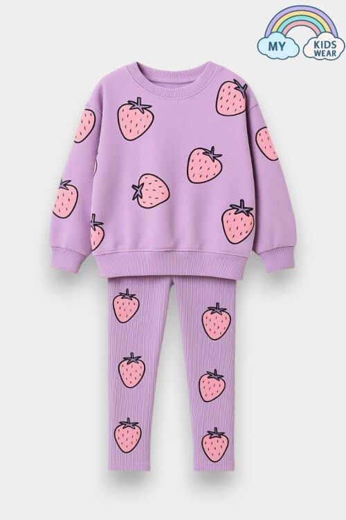 Kız Çocuk Çilek Desenli 3 İplik Şardonsuz Sweatshirt Tayt Takım 2-10 Yaş 12344