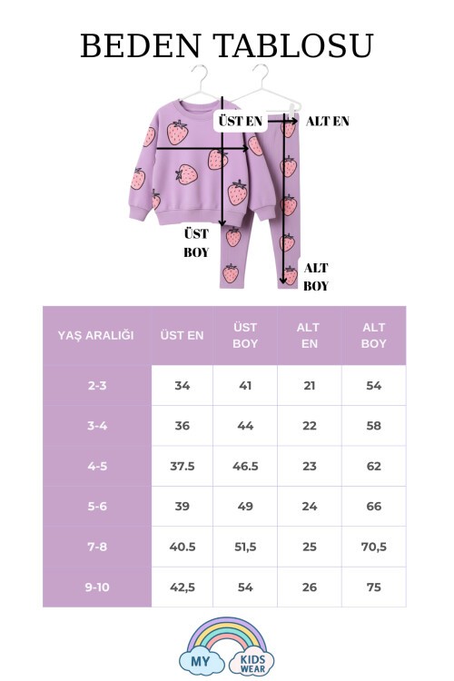Kız Çocuk Çilek Desenli 3 İplik Şardonsuz Sweatshirt Tayt Takım 2-10 Yaş 12344