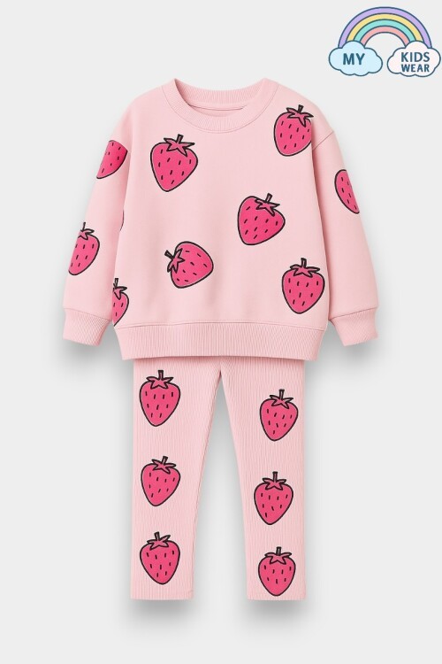 Kız Çocuk Çilek Desenli 3 İplik Şardonsuz Sweatshirt Tayt Takım 2-10 Yaş 12345