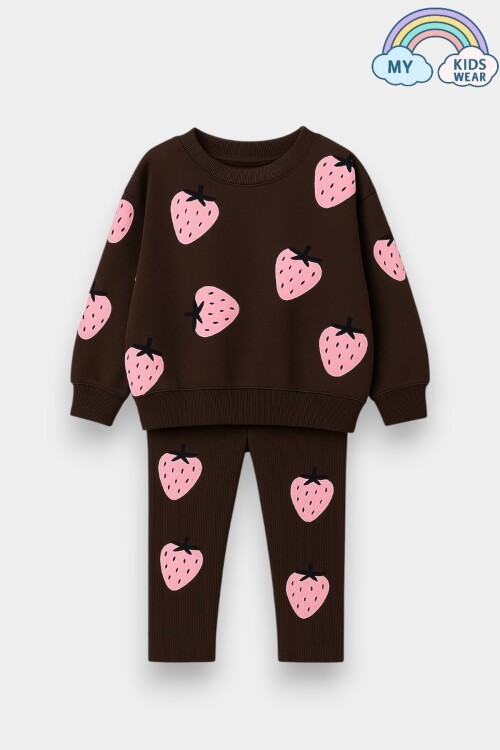 Kız Çocuk Çilek Desenli 3 İplik Şardonsuz Sweatshirt Tayt Takım 2-10 Yaş 12346