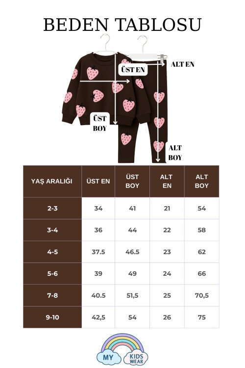 Kız Çocuk Çilek Desenli 3 İplik Şardonsuz Sweatshirt Tayt Takım 2-10 Yaş 12346