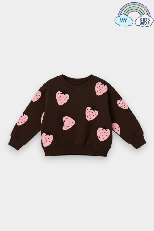 Kız Çocuk Çilek Desenli 3 İplik Şardonsuz Sweatshirt Tayt Takım 2-10 Yaş 12346