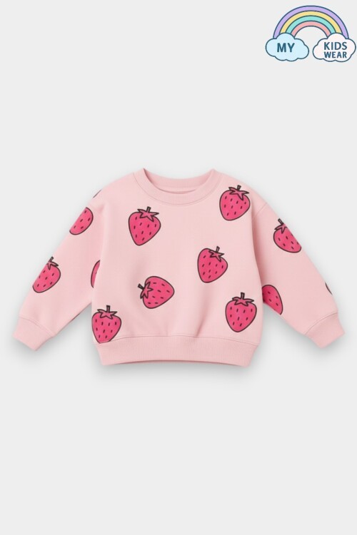 Kız Çocuk Çilek Desenli 3 İplik Şardonsuz Sweatshirt Tayt Takım 2-10 Yaş 12345