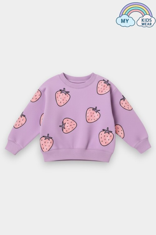Kız Çocuk Çilek Desenli 3 İplik Şardonsuz Sweatshirt Tayt Takım 2-10 Yaş 12344