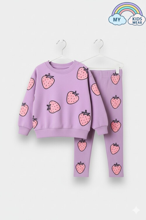 Kız Çocuk Çilek Desenli 3 İplik Şardonsuz Sweatshirt Tayt Takım 2-10 Yaş 12344