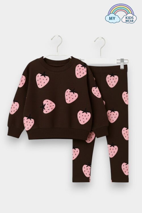 Kız Çocuk Çilek Desenli 3 İplik Şardonsuz Sweatshirt Tayt Takım 2-10 Yaş 12346