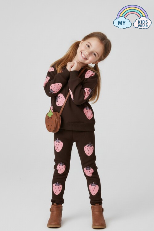 Kız Çocuk Çilek Desenli 3 İplik Şardonsuz Sweatshirt Tayt Takım 2-10 Yaş 12346