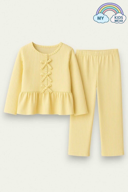 Kız Çocuk Çizgili Fırfırlı Pijama Takımı 5-16 Yaş 12045