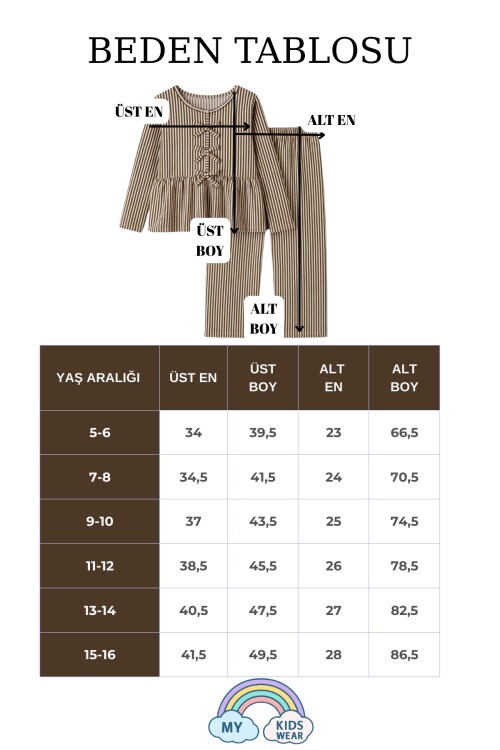 Kız Çocuk Çizgili Fırfırlı Pijama Takımı 5-16 Yaş 12048