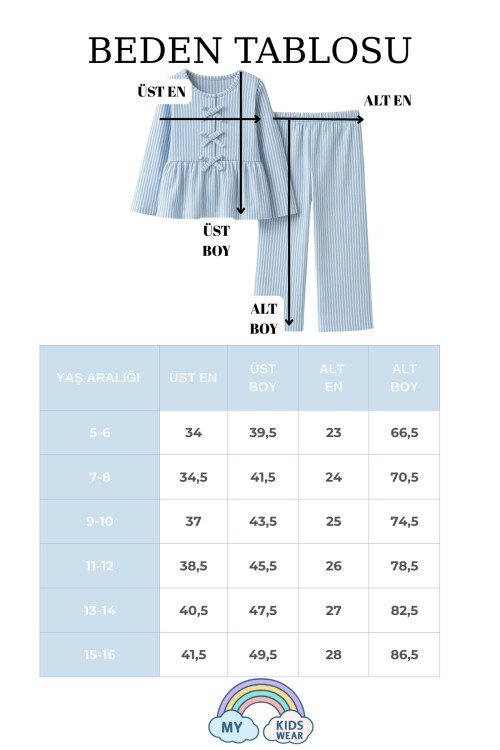 Kız Çocuk Çizgili Fırfırlı Pijama Takımı 5-16 Yaş 12049