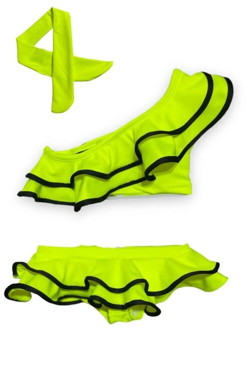Kız Çocuk Neon Renkler Pembe Renk Tek Omuz Fırfırlı Bikini Takımı