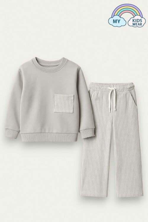 Kız Çocuk Sweatshirt ve Pantolon Takımı – Gri Çizgili 2-10 Yaş 12019