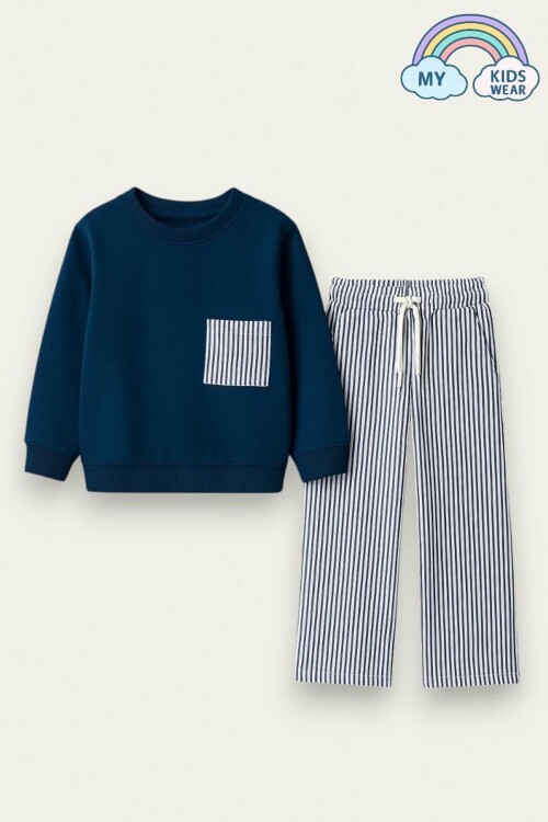 Kız Çocuk Sweatshirt ve Pantolon Takımı – Lacivert Çizgili 2-10 Yaş 12018
