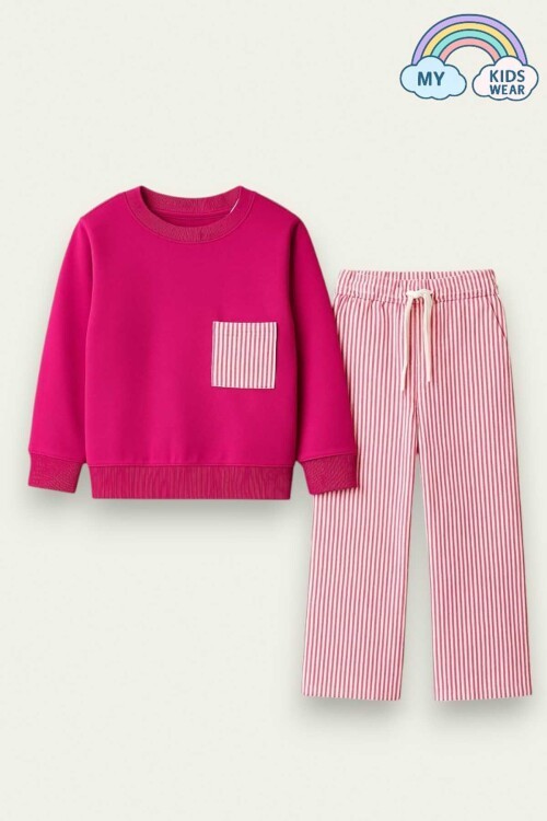 Kız Çocuk Sweatshirt ve Pantolon Takımı – Pembe Çizgili 2-10 Yaş 12016