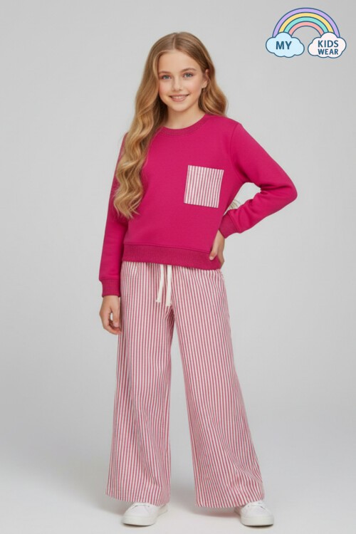 Kız Çocuk Sweatshirt ve Pantolon Takımı – Pembe Çizgili 2-10 Yaş 12016