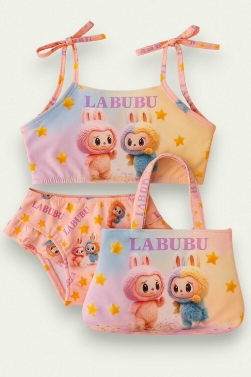 Kız Çocuk Üç Parça Çantalı Fırfırlı Bikini Takım 3-10 Yaş 11957