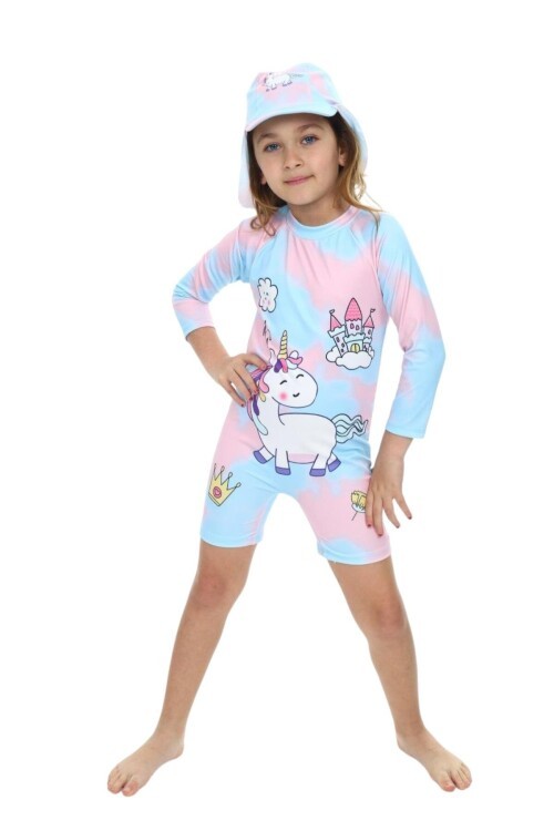 Kız Çocuk Unicorn Uzun Kollu Fermuarlı Şapkalı Mayo Takımı