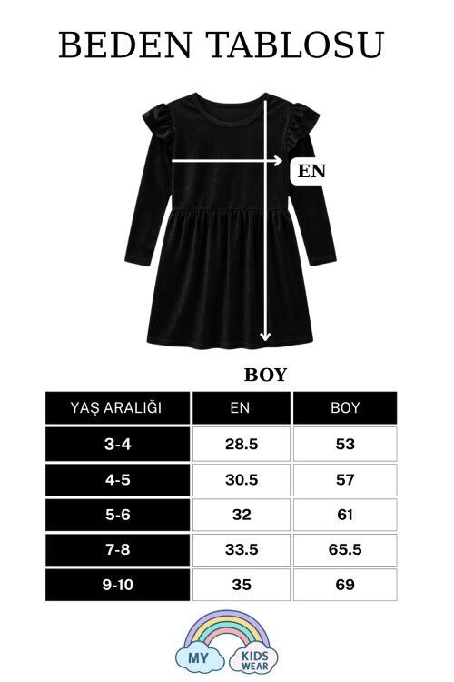 Kız Çocuk Uzun Kollu Fırfır Detaylı Kadife Elbise 3-10 Yaş 12112