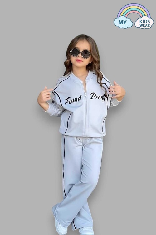 Kız Çocuk Yazılı Gri Okul Eşofman Takımı Fermuarlı Spor Takım 5-14 Yaş 12033