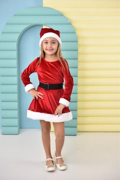 Parıltılı Boneli Ponponlu Kemerli Kadife Kız Çocuk Noel Elbisesi