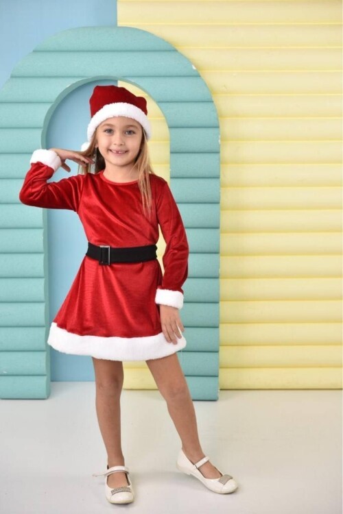 Parıltılı Boneli Ponponlu Kemerli Kadife Kız Çocuk Noel Elbisesi