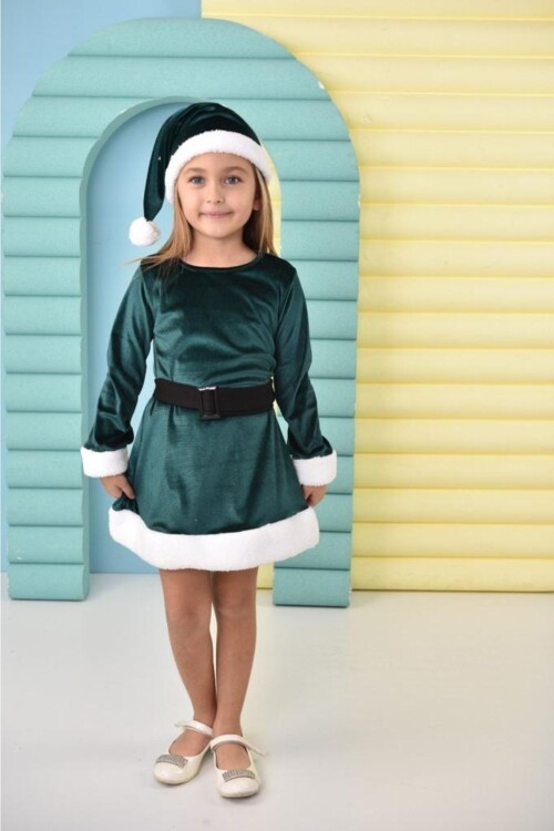 Parıltılı Boneli Ponponlu Kemerli Kadife Kız Çocuk Noel Elbisesi