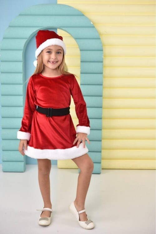 Parıltılı Boneli Ponponlu Kemerli Kadife Kız Çocuk Noel Elbisesi