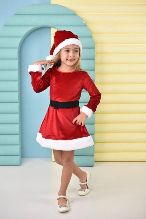 Parıltılı Boneli Ponponlu Kemerli Kadife Kız Çocuk Noel Elbisesi