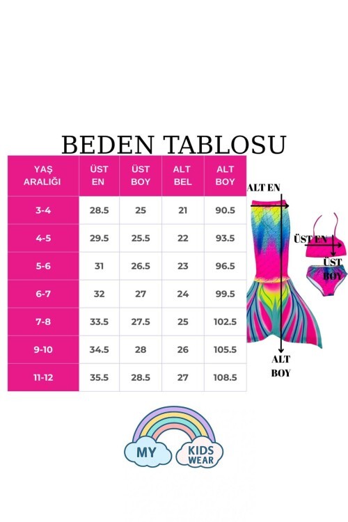 Parlak Renkli Deniz Kızı Mayo Kostümü 3lü Set