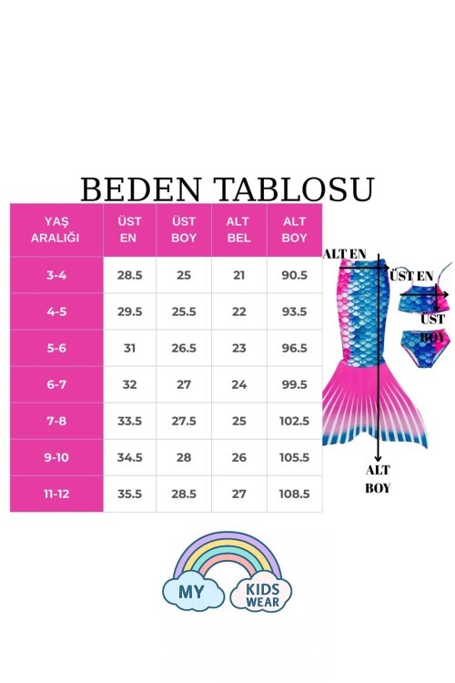 Parlak Renkli Deniz Kızı Mayo Kostümü 3lü Set