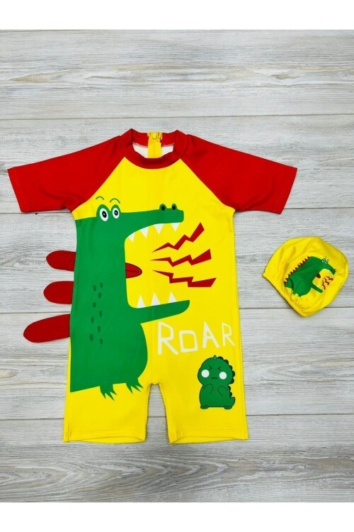 Tatlı Dino Temalı Boneli Erkek Çocuk Mayo Takımı