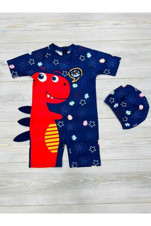 Tatlı Dino Temalı Boneli Erkek Çocuk Mayo Takımı