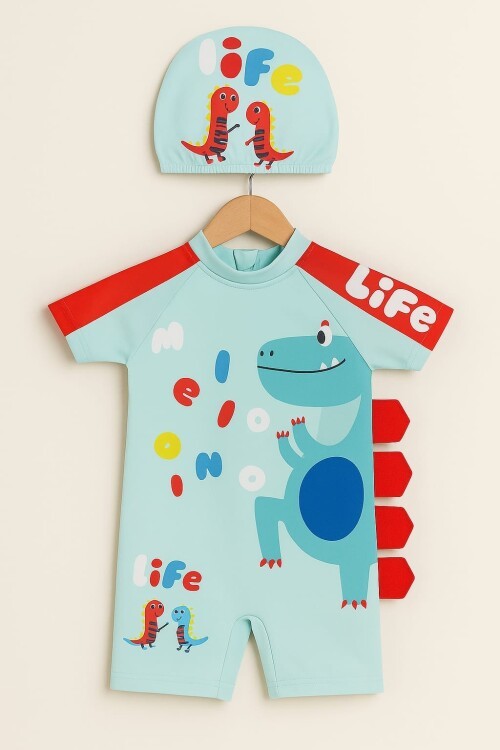 Tatlı Dino Temalı Boneli Erkek Çocuk Mayo Takımı