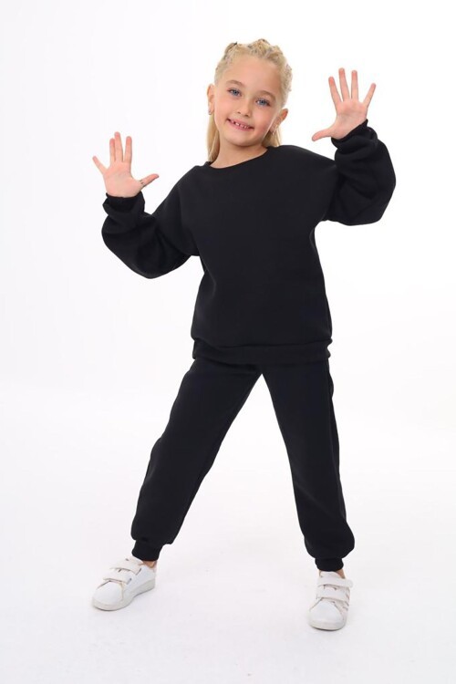 Kız Çocuk Sweatshirt ve Pantolon Takımı – Siyah Basic 5-14 Yaş 10796