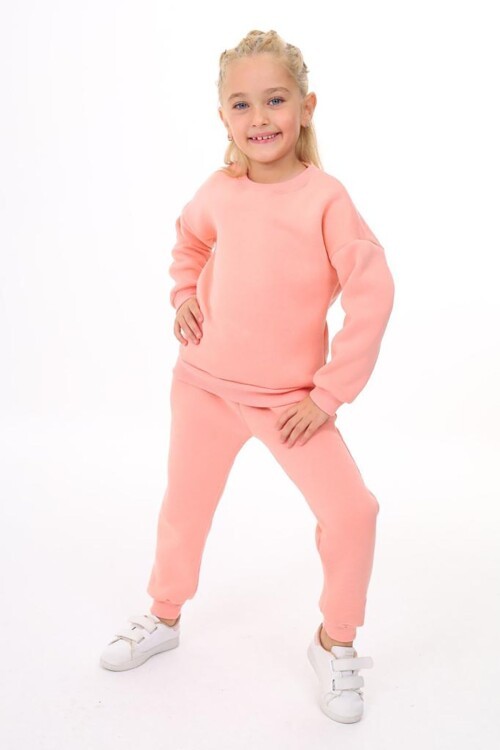 Kız Çocuk Sweatshirt ve Pantolon Takımı – Pembe Basic 5-14 Yaş 10795
