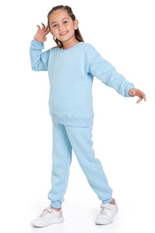 Kız Çocuk Sweatshirt ve Pantolon Takımı – Mavi Basic 5-14 Yaş 10794