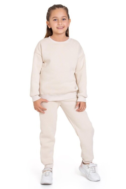 Kız Çocuk Sweatshirt ve Pantolon Takımı – Sütlü kahve Basic 5-14 Yaş 11096