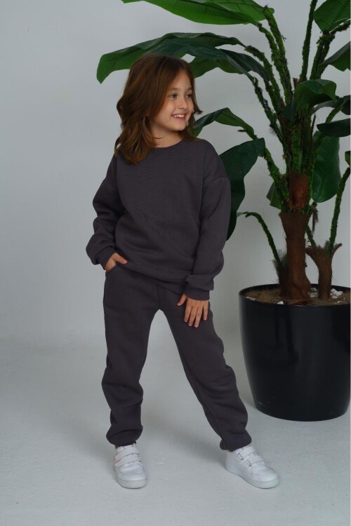 Kız Çocuk Sweatshirt ve Pantolon Takımı – Füme Basic 5-14 Yaş 11094