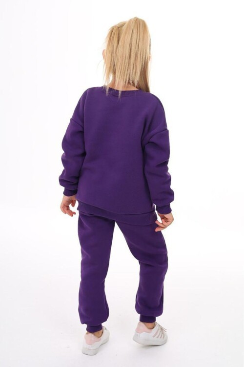 Kız Çocuk Sweatshirt ve Pantolon Takımı – Mor Basic 5-14 Yaş 10843