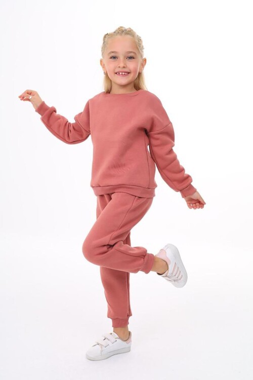 Kız Çocuk Sweatshirt ve Pantolon Takımı – Gül Kurusu Basic 5-14 Yaş 10798