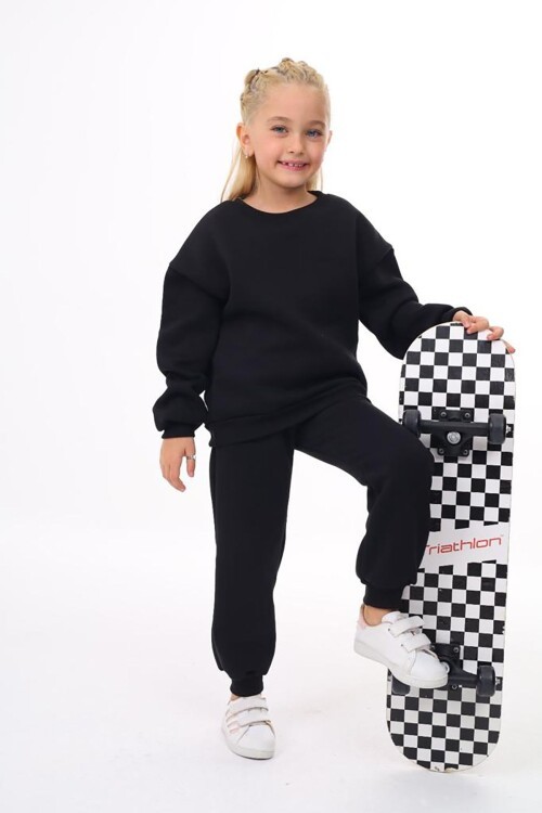 Kız Çocuk Sweatshirt ve Pantolon Takımı – Siyah Basic 5-14 Yaş 10796