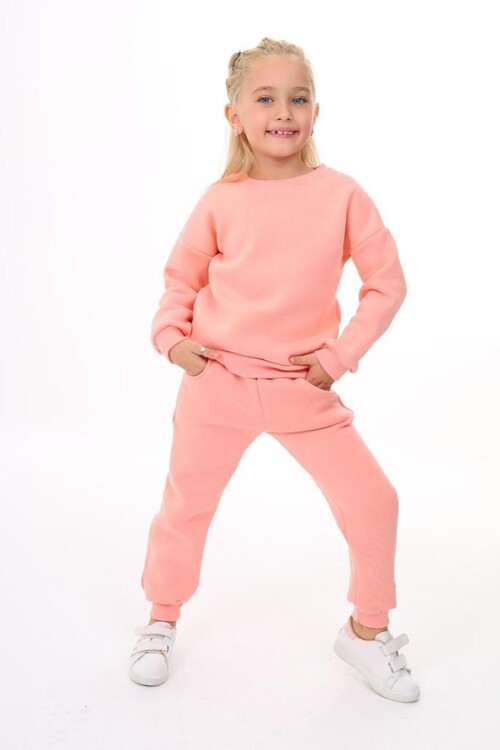 Kız Çocuk Sweatshirt ve Pantolon Takımı – Pembe Basic 5-14 Yaş 10795